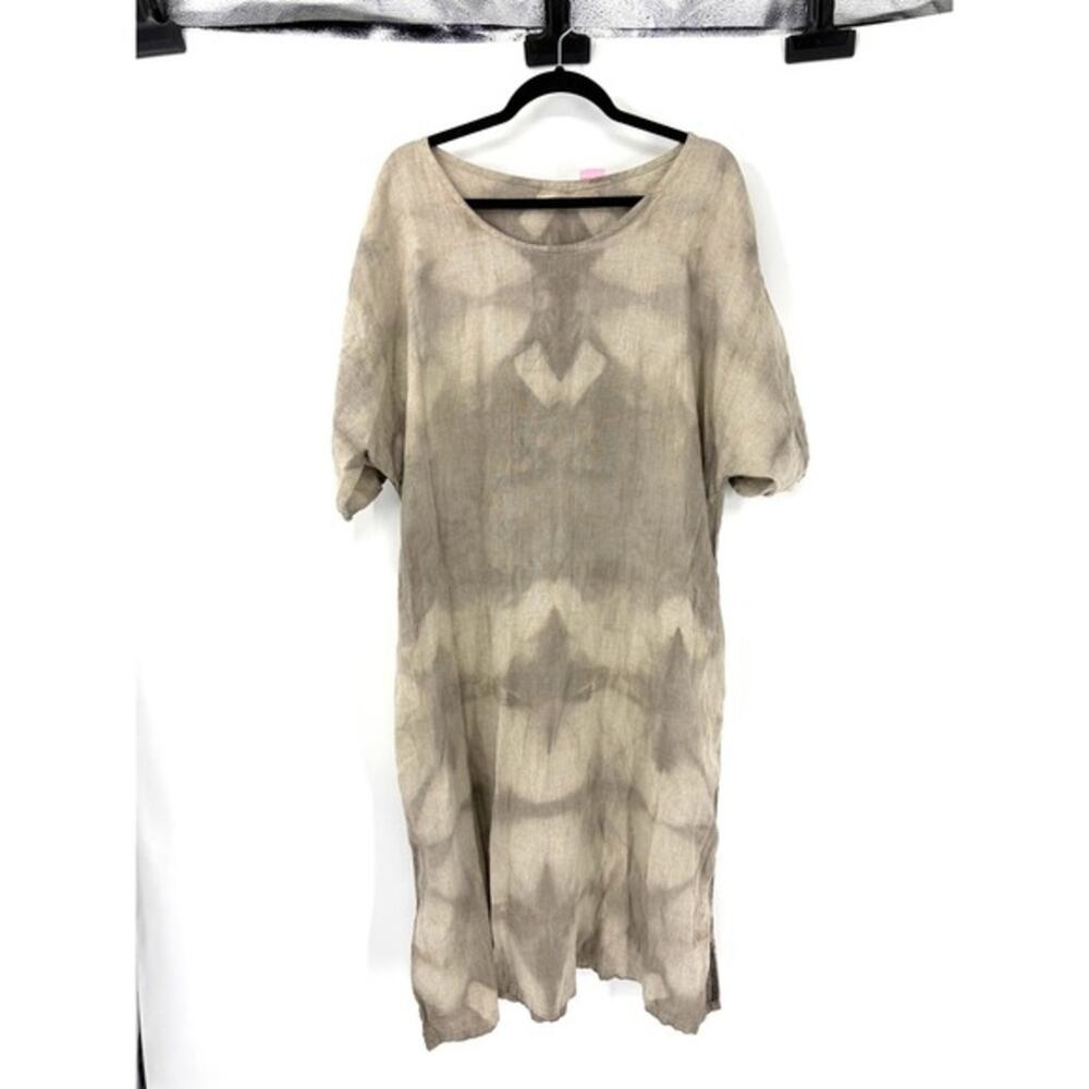 Love To Love You Linen Tie Dye Midi Dress Beige Taupe Oversized Short Sleeve